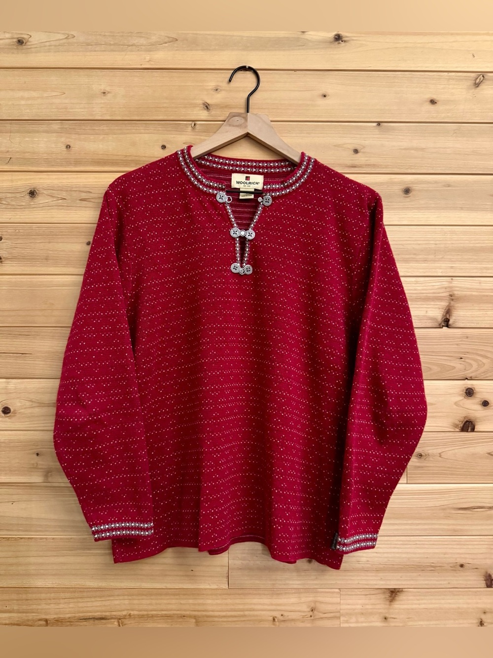 Vintage Woolrich Large Red Fair Isle Nordic Metal 1/4 Clasp Henley Sweater